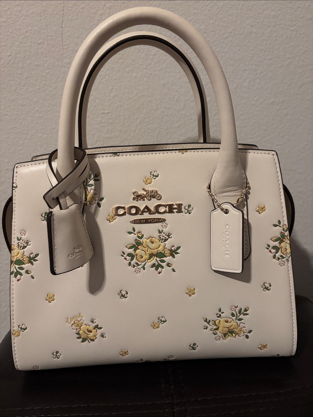 Coach Cream Leather Satchel with Yellow Floral Print